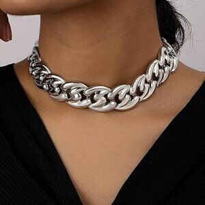 Silver Chunky Cuban Chain Choker Necklace Trendy Punk Hip Hop Style Link Chain